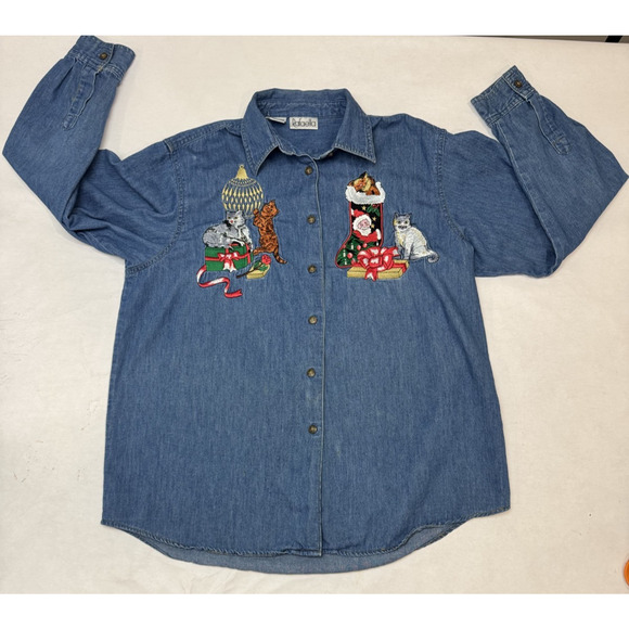 Vintage Chambray Christmas Embroidered Holiday Santa Cats Stocking Women Medium - Picture 1 of 9